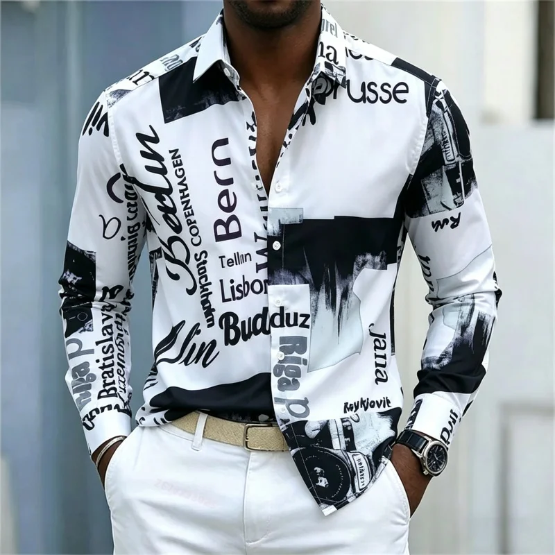 Street Fashion Men - Kemeja Pria Lengan Panjang Bermotif, Slim-fit