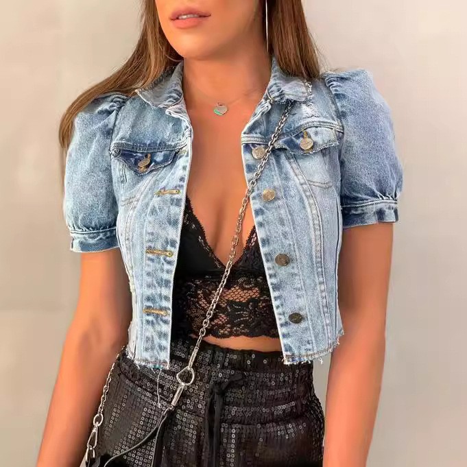 Distressed Jean Rip - Jaket Denim Wanita Crop Biru Muda,