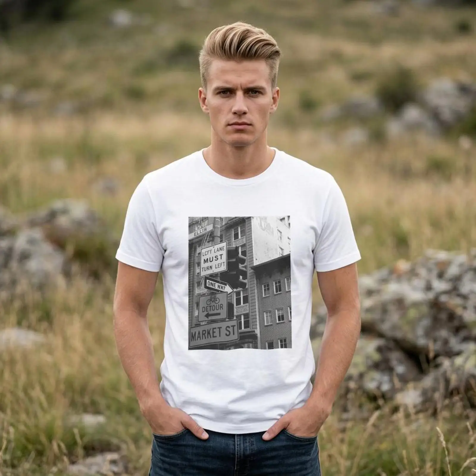 Urban Street Fashion Photography - Kaos Foto Rambu Jalan Market St
