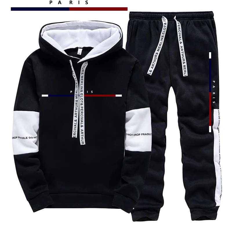 Street Fashion Men - Setelan Pria Motif Cetak Paris/Hoodie/Celana, Pakaian