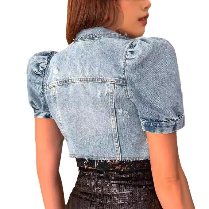 Jaket Denim Wanita Crop Biru M - Distressed Jean Rip ulasan dan harga