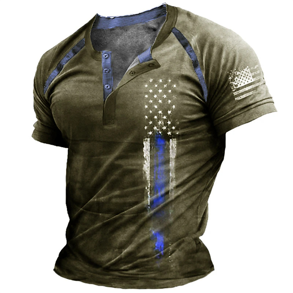 Kaos Henry Pria Motif Bendera  - Street Fashion American ulasan dan harga