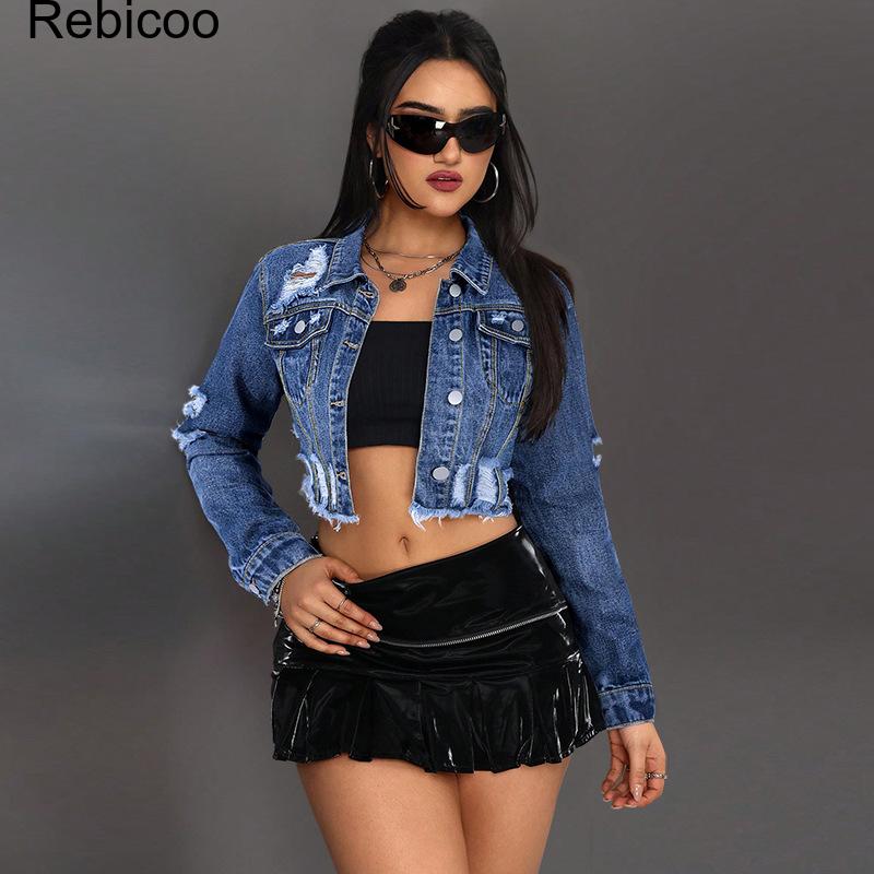 Jaket Denim Crop Wanita Lengan - Distressed Jean Rip ulasan dan harga
